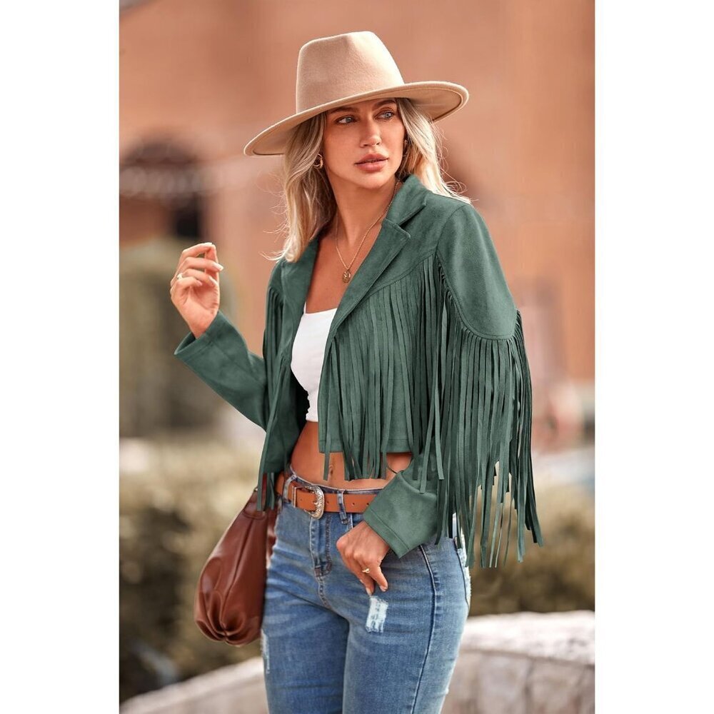 🆕Women's Green Fringe Faux Suede Leather Jacket Tassel Cropped Fal 2025 Coat - Picture 8 of 9